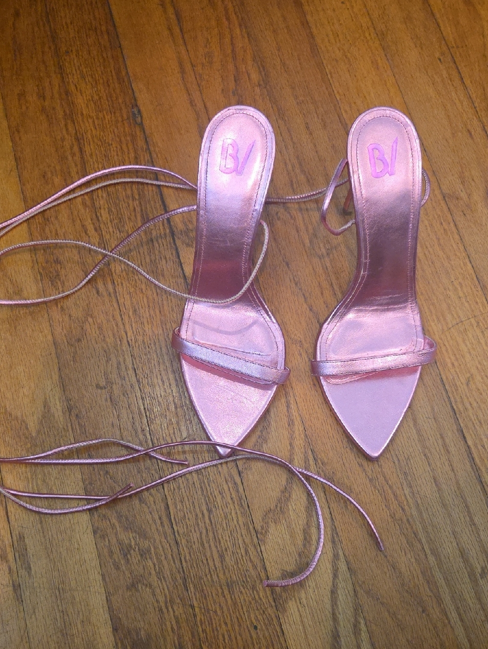 Bettina Vermillon Metallic Pink Pointed Lace-Up Heels